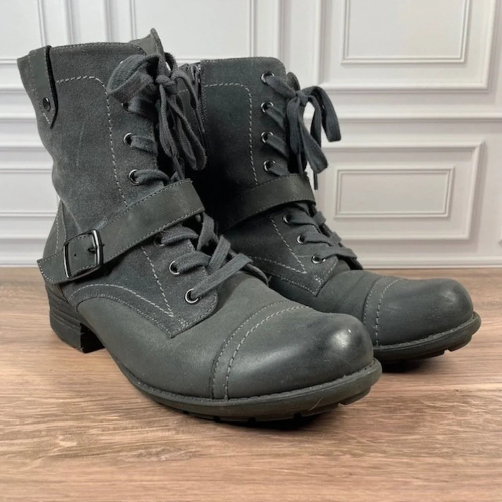 ABEO Verity Leather Combat/Moto Boots Lace Up Buckle Accent EUC Gray Size 9.5N - Picture 1 of 16